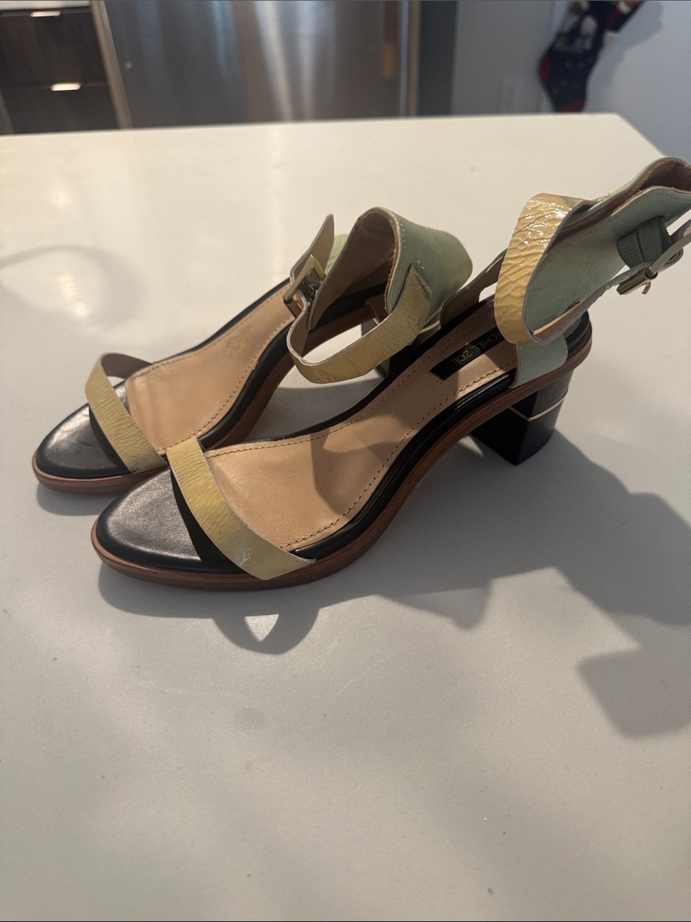 Rachel Zoe Women’s Two-Tone Block Heel Sandals in Pale Yellow, Green and Black